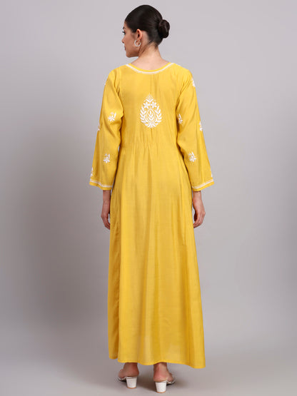 Hand Embroidered Chikankari Chanderi Jalabiya-AL4088 Yellow