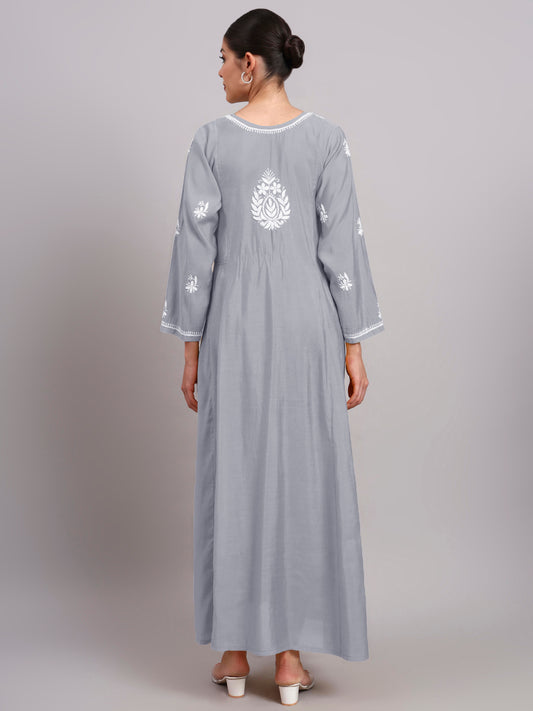 Hand Embroidered Chikankari Chanderi Jalabiya-AL4088 Grey