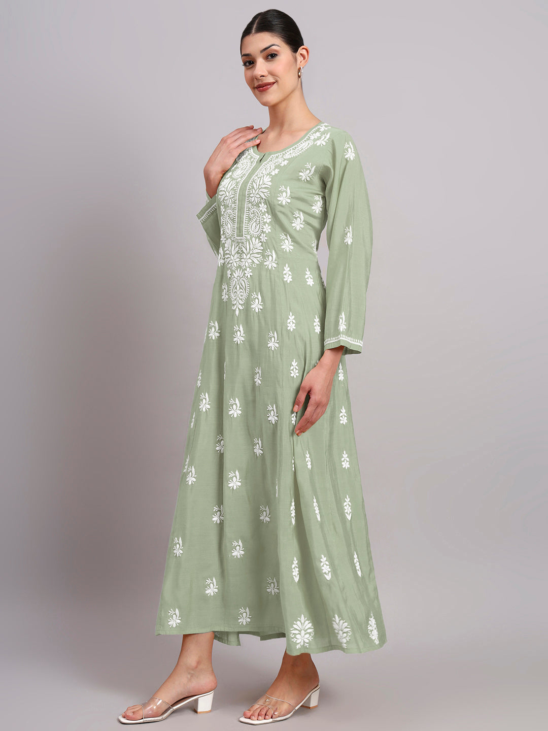 Hand Embroidered Chikankari Chanderi Jalabiya-AL4088 Green