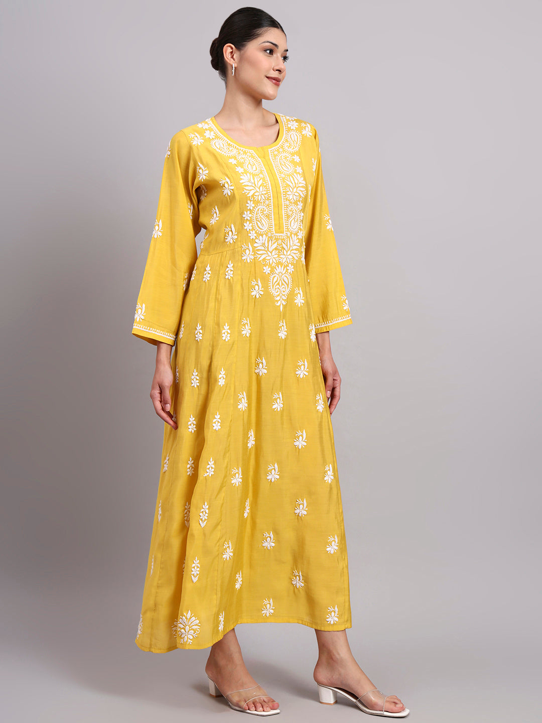 Hand Embroidered Chikankari Chanderi Jalabiya-AL4088 Yellow
