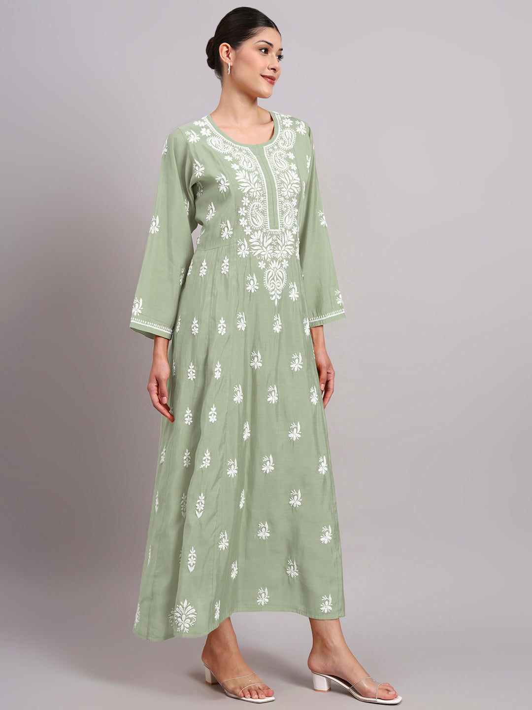Hand Embroidered Chikankari Chanderi Jalabiya-AL4088 Green