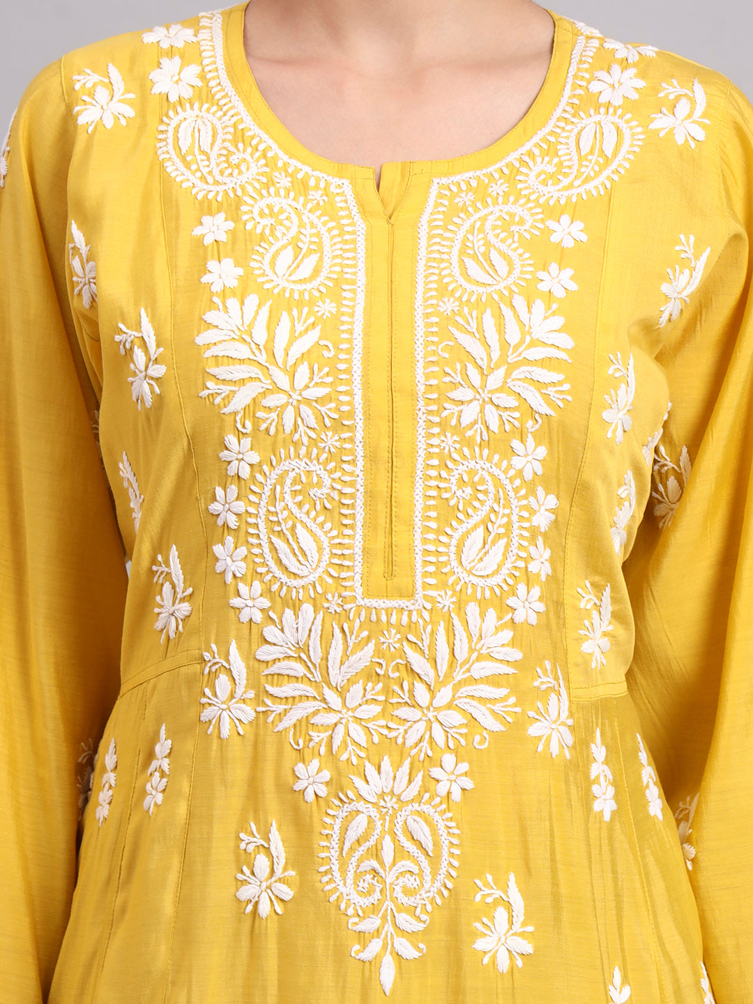 Hand Embroidered Chikankari Chanderi Jalabiya-AL4088 Yellow