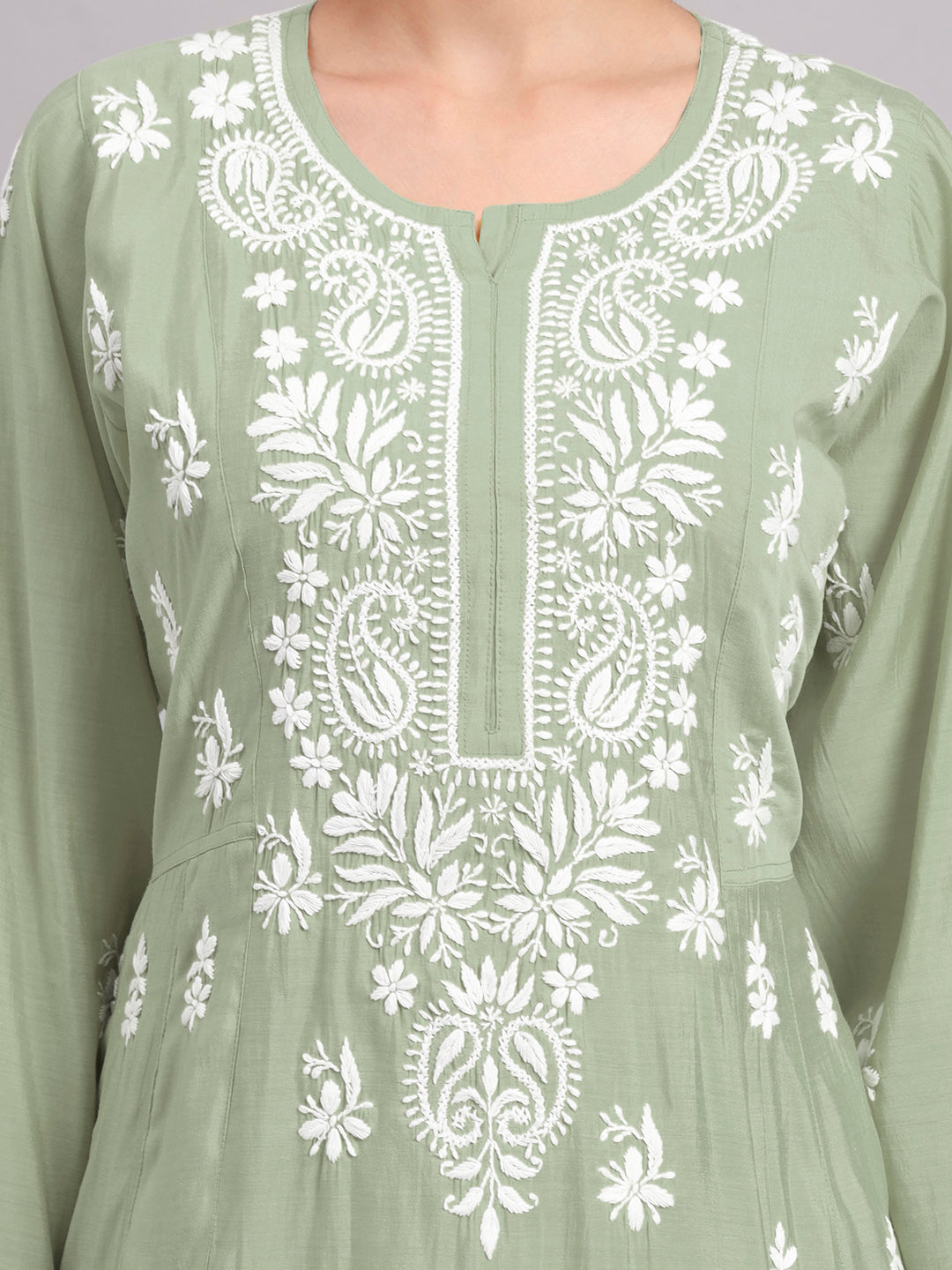 Hand Embroidered Chikankari Chanderi Jalabiya-AL4088 Green