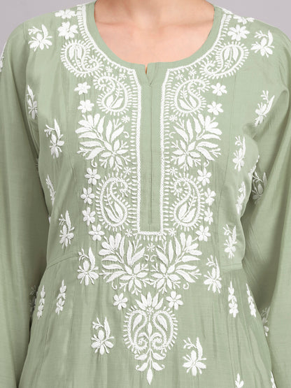 Hand Embroidered Chikankari Chanderi Jalabiya-AL4088 Green