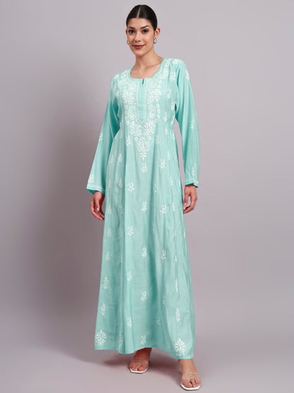 Hand Embroidered Chikankari Chanderi Jalabiya-AL4088 Seagreen