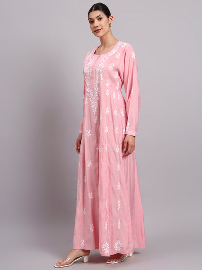 Hand Embroidered Chikankari Chanderi Jalabiya-AL4088 Pink