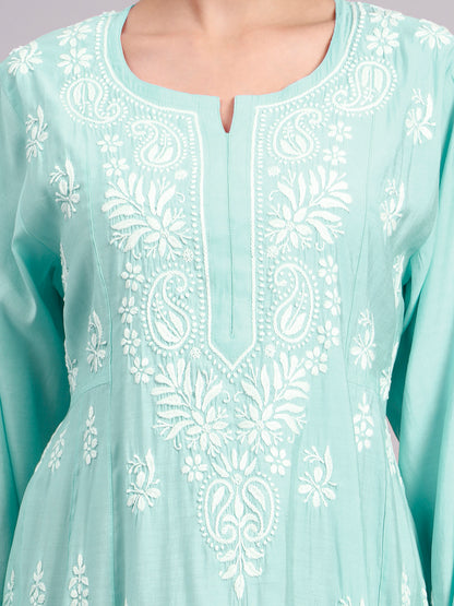 Hand Embroidered Chikankari Chanderi Jalabiya-AL4088 Seagreen