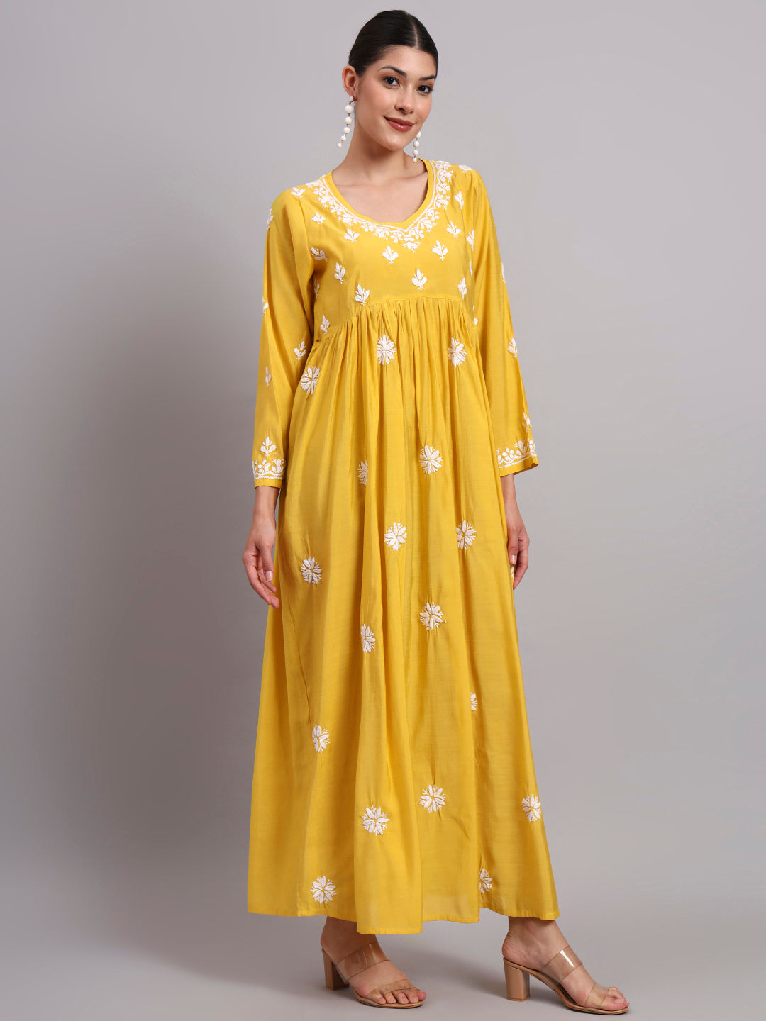 Hand Embroidered Chikankari Chanderi Jalabiya-AL4087 Yellow