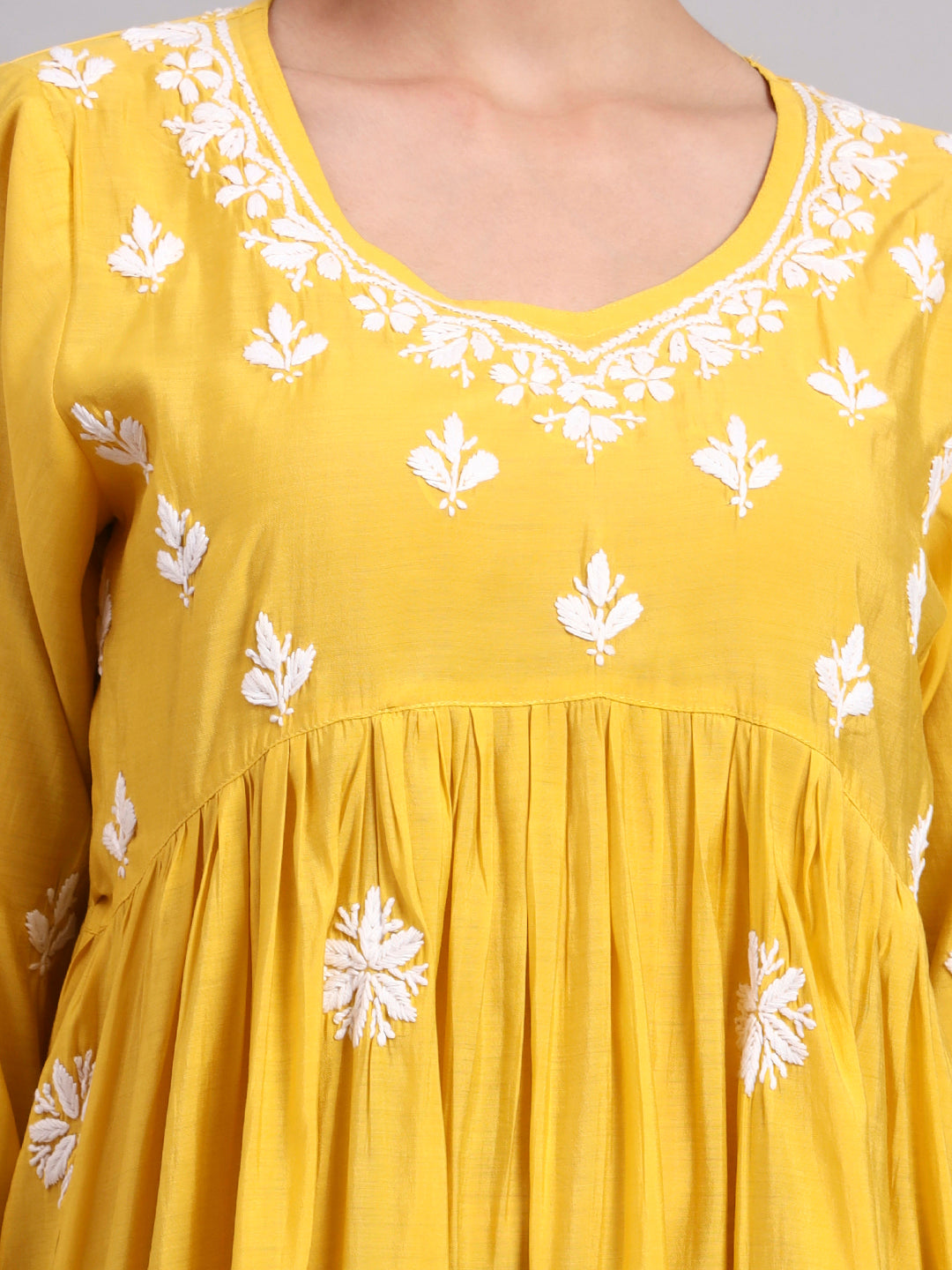 Hand Embroidered Chikankari Chanderi Jalabiya-AL4087 Yellow