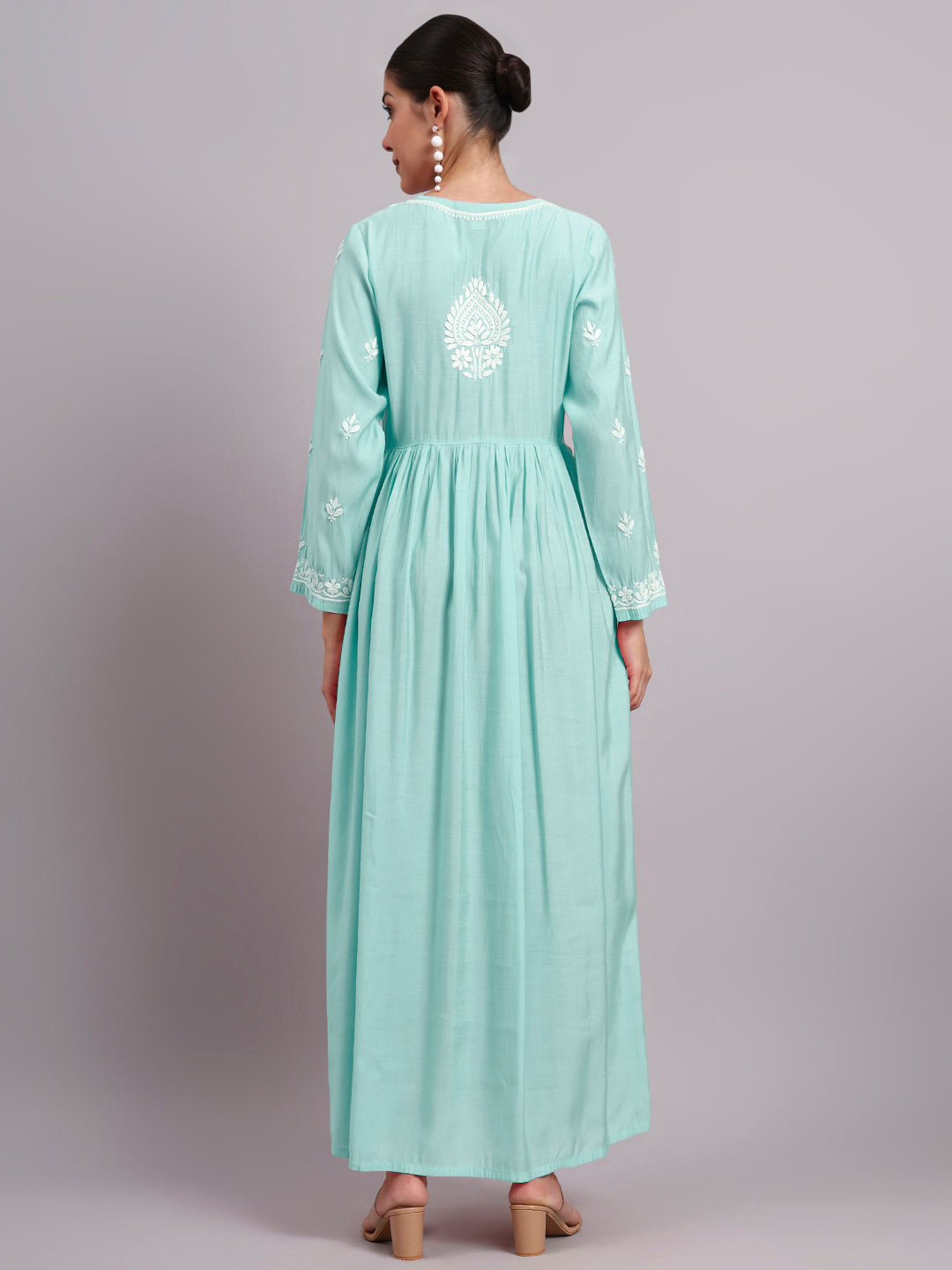 Hand Embroidered Chikankari Chanderi Jalabiya-AL4087 Seagreen