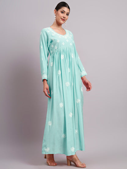 Hand Embroidered Chikankari Chanderi Jalabiya-AL4087 Seagreen
