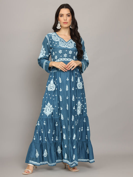 Women Hand Embroidered Chikankari Muslin Jalabiyas-AL4044 Teal