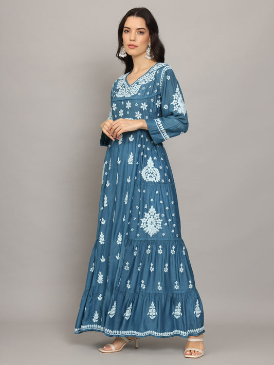 Women Hand Embroidered Chikankari Muslin Jalabiyas-AL4044 Teal