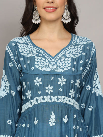 Women Hand Embroidered Chikankari Muslin Jalabiyas-AL4044 Teal
