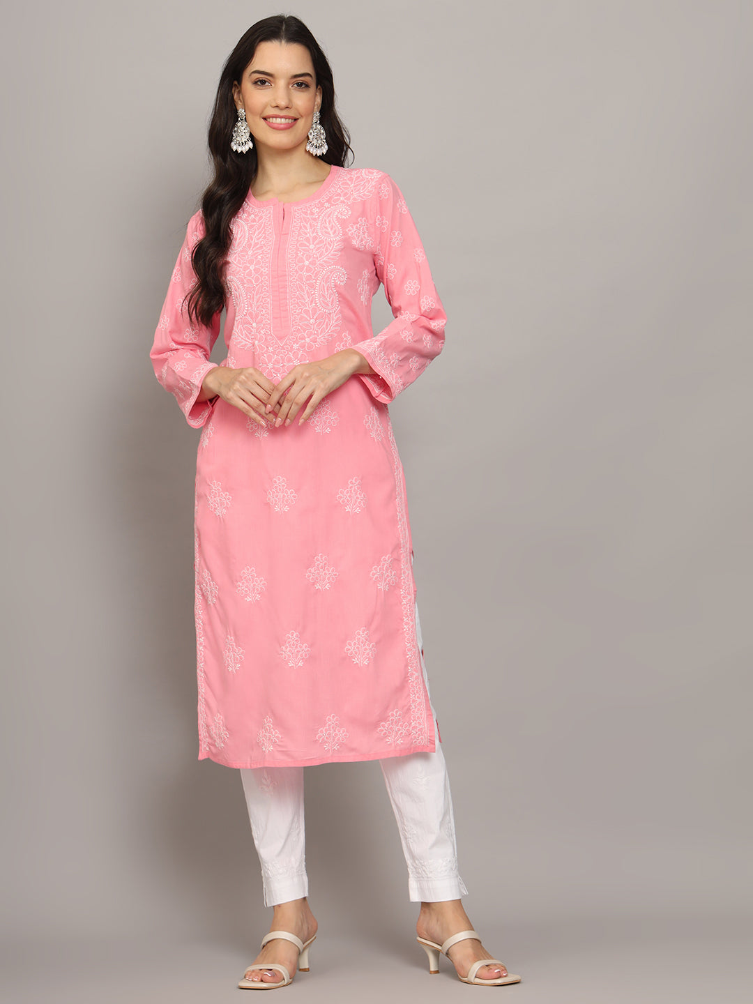 Women Hand Embroidered Chikankari Cotton Kurta-AL4043 Coral