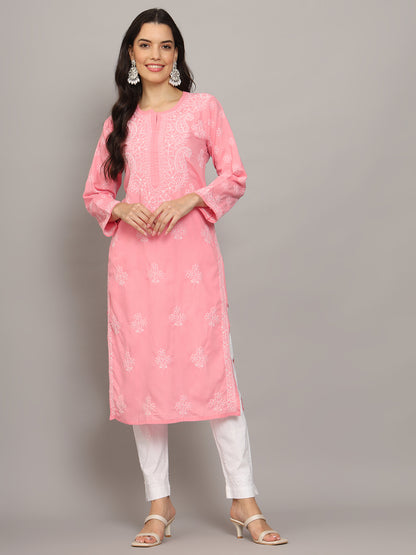 Women Hand Embroidered Chikankari Cotton Kurta-AL4043 Coral