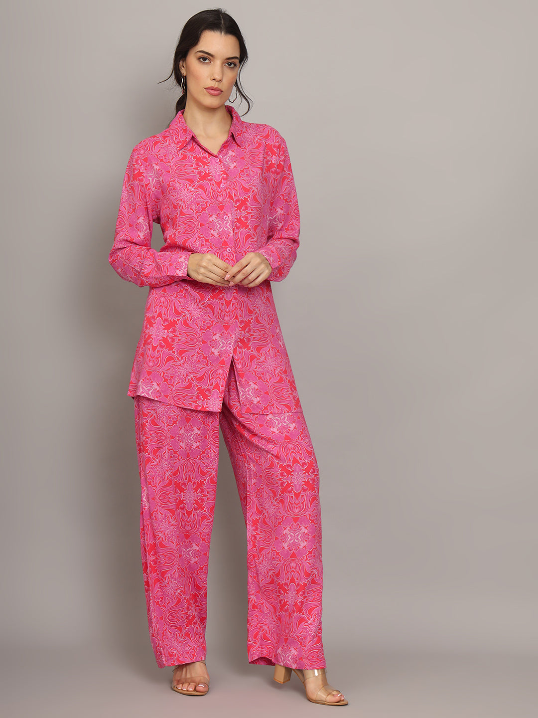 Printed Rayon Co-Ord Set for Women-AL4001 Pink