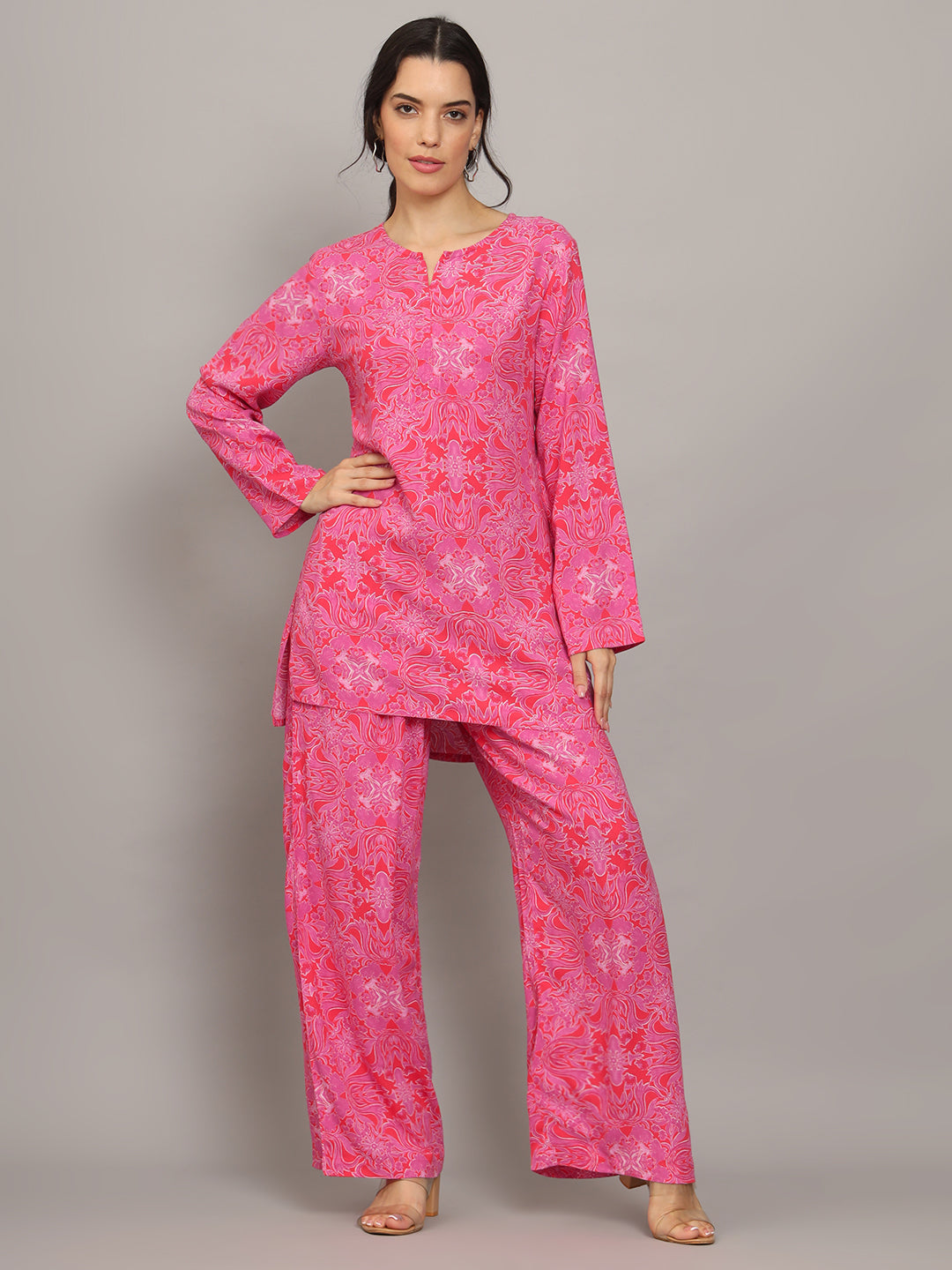 Printed Rayon Co-Ord Set for Women-AL4000 Pink