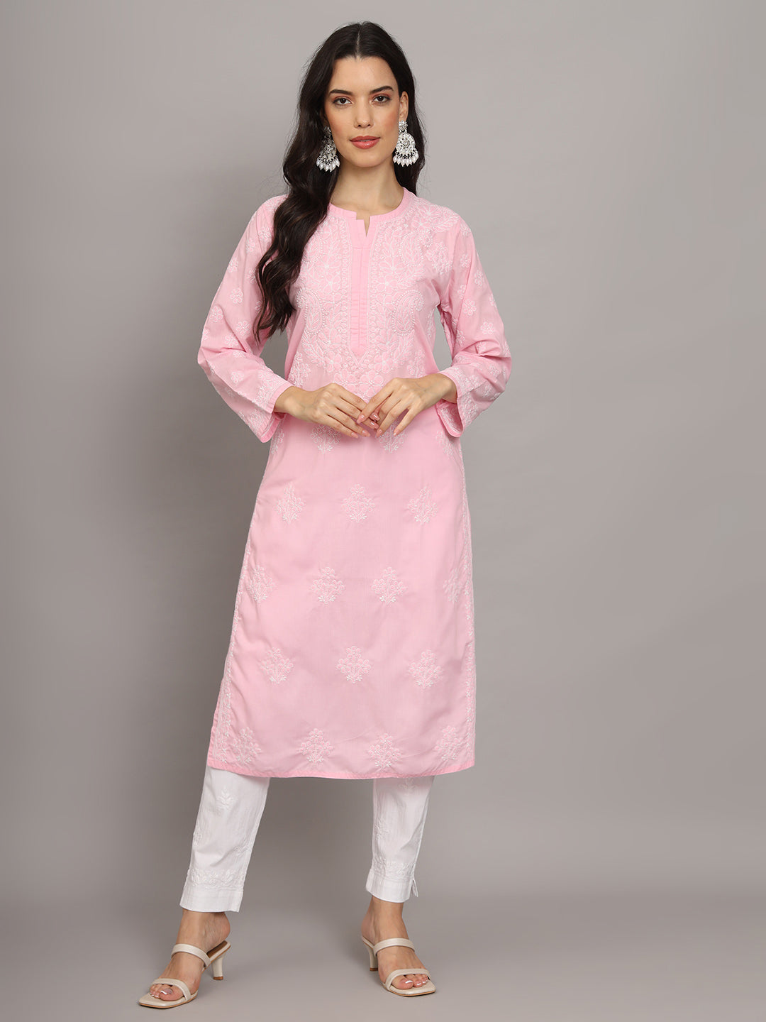 Women Hand Embroidered Chikankari Cotton Kurta-AL4043 Pink