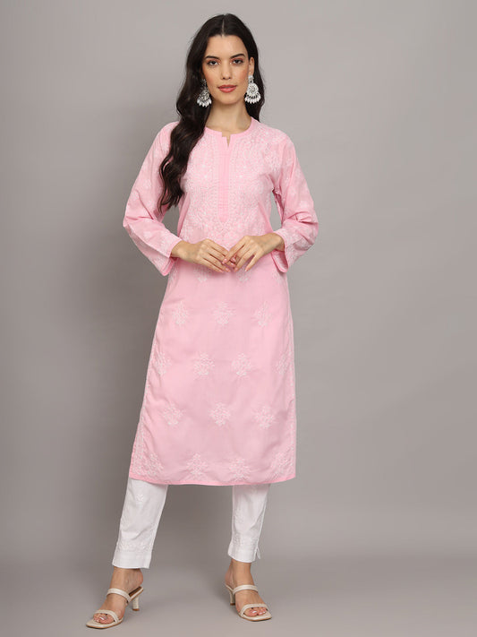 Women Hand Embroidered Chikankari Cotton Kurta-AL4043 Pink