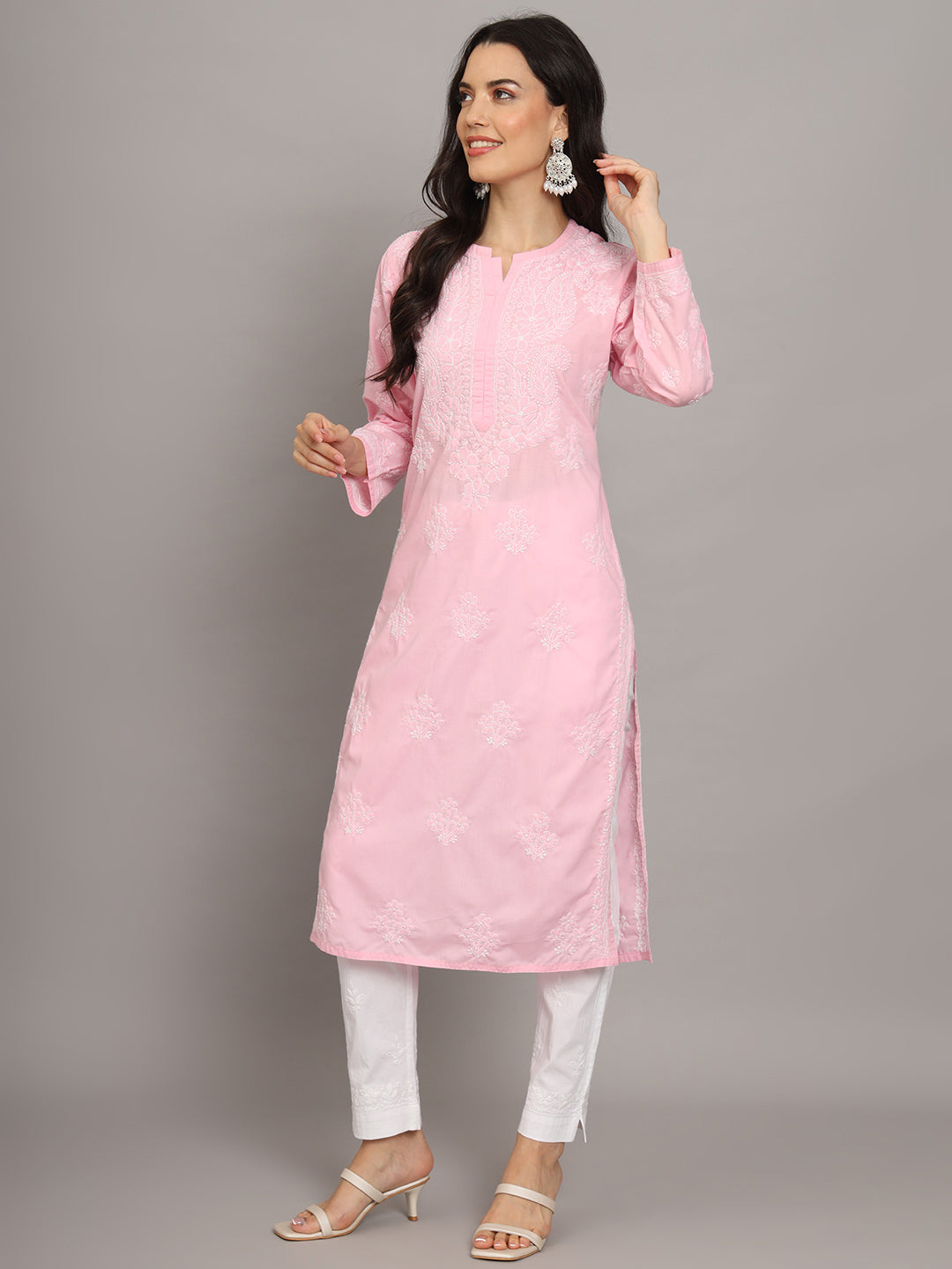 Women Hand Embroidered Chikankari Cotton Kurta-AL4043 Pink