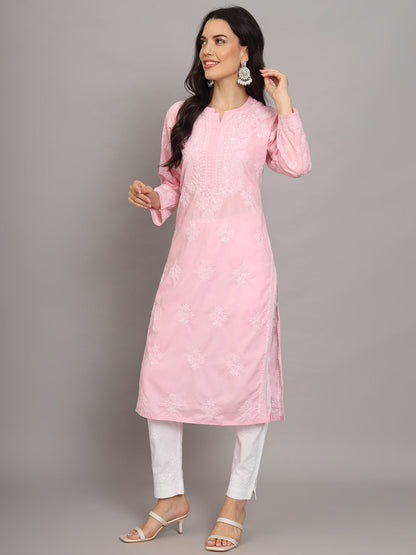 Women Hand Embroidered Chikankari Cotton Kurta-AL4043 Pink