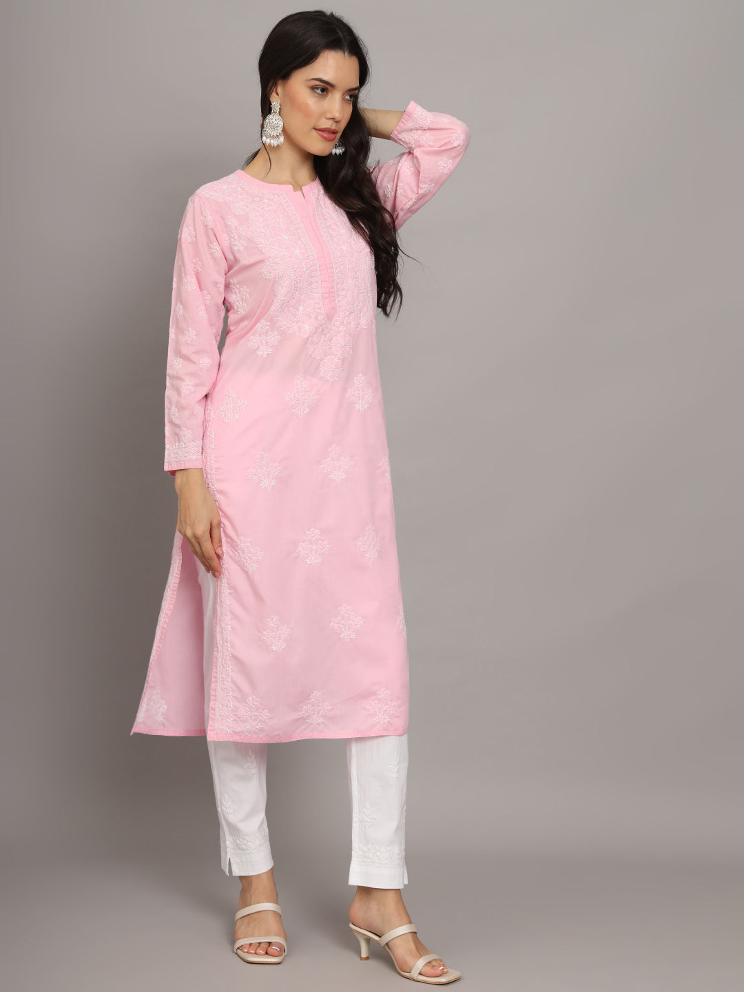 Women Hand Embroidered Chikankari Cotton Kurta-AL4043 Pink
