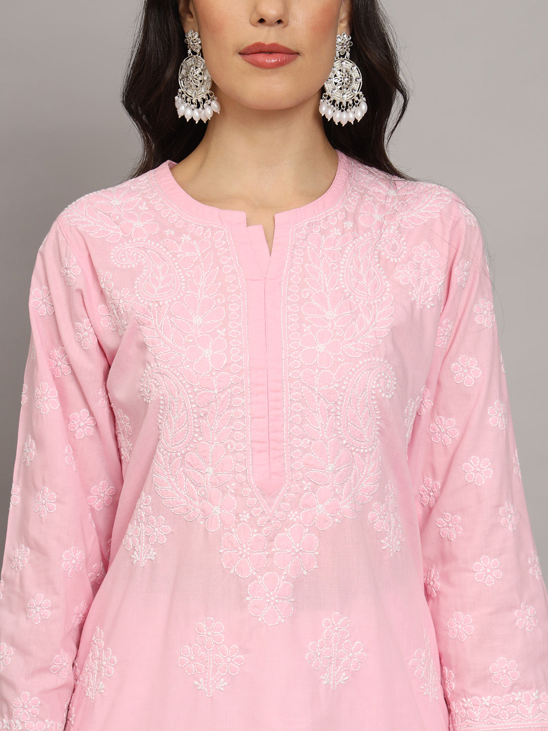 Women Hand Embroidered Chikankari Cotton Kurta-AL4043 Pink