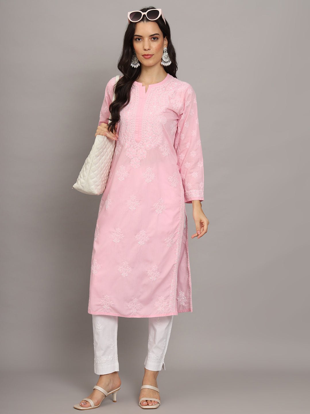 Women Hand Embroidered Chikankari Cotton Kurta-AL4043 Pink