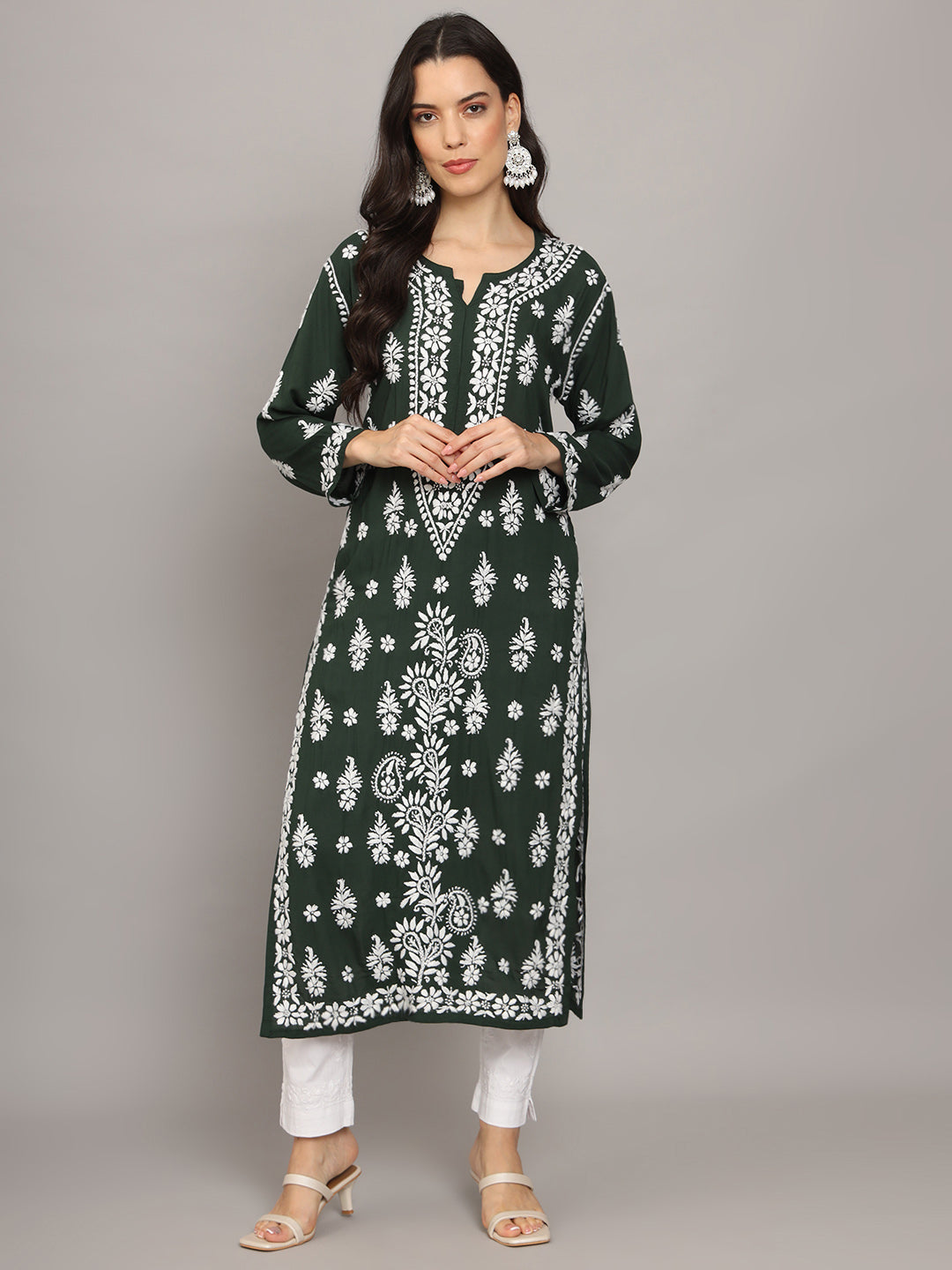 Women Chikankari Hand Embroidered Modal Kurta -AL4042 Darkgreen
