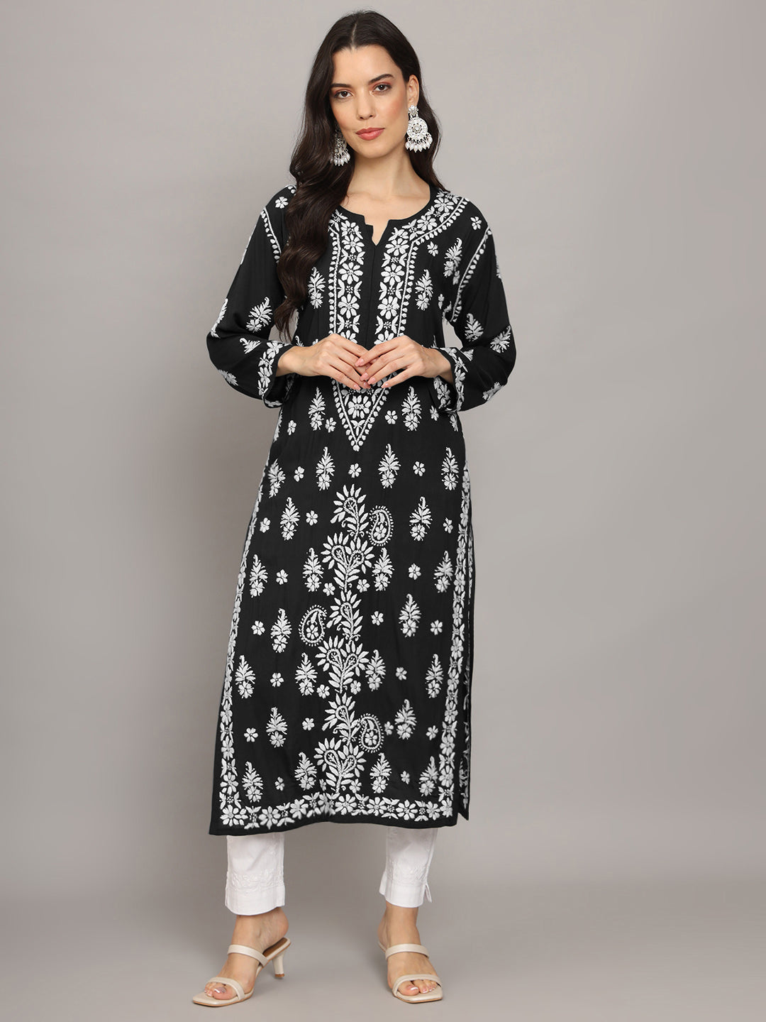 Women Chikankari Hand Embroidered Modal Kurta -AL4042 Black