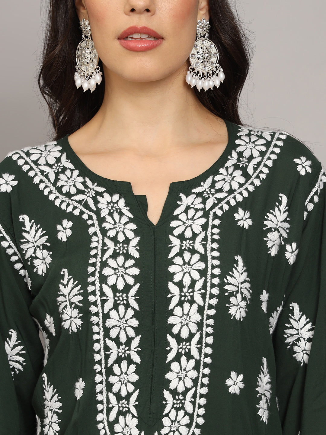 Women Chikankari Hand Embroidered Modal Kurta -AL4042 Darkgreen