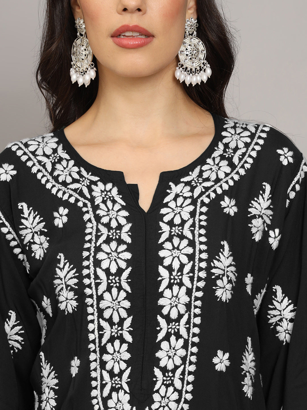 Women Chikankari Hand Embroidered Modal Kurta -AL4042 Black