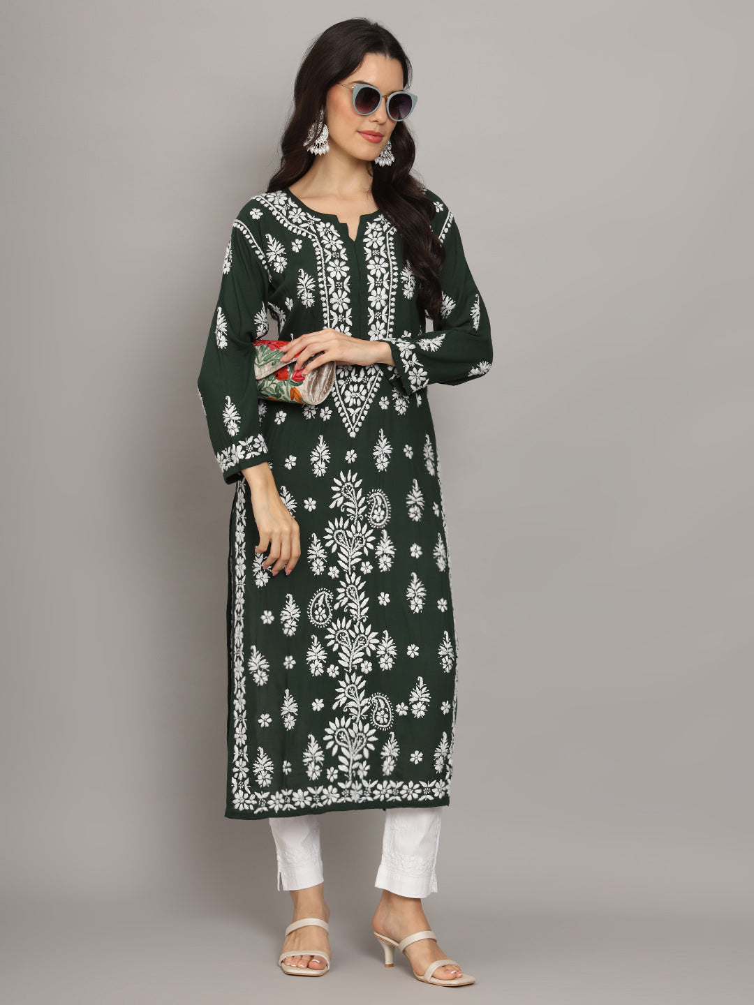 Women Chikankari Hand Embroidered Modal Kurta -AL4042 Darkgreen