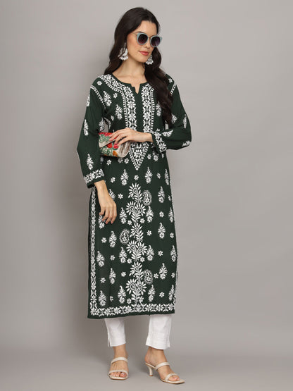 Women Chikankari Hand Embroidered Modal Kurta -AL4042 Darkgreen
