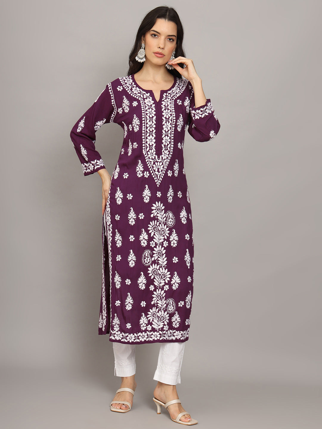 Women Chikankari Hand Embroidered Modal Kurta -AL4042 Purple