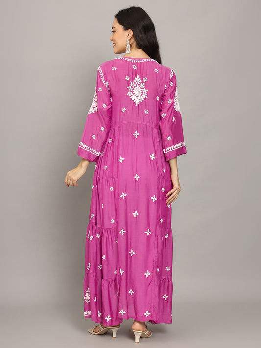 Women Hand Embroidered Chikankari Muslin Jalabiyas-AL4044 Pink