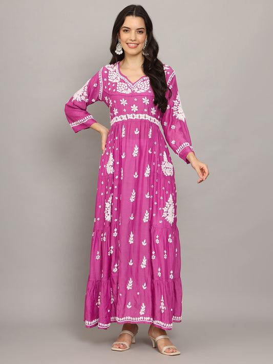 Women Hand Embroidered Chikankari Muslin Jalabiyas-AL4044 Pink
