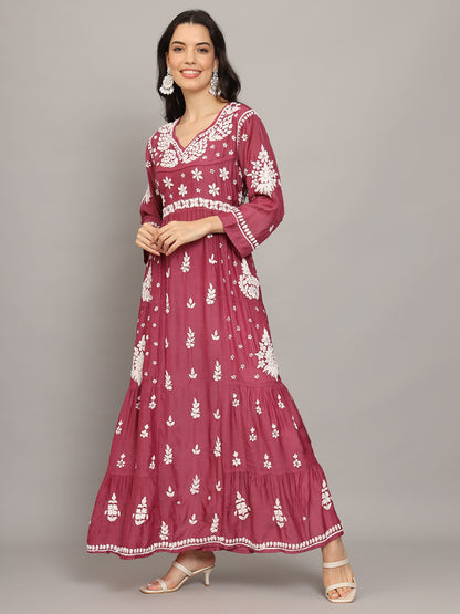 Women Hand Embroidered Chikankari Muslin Jalabiyas-AL4044 Purple