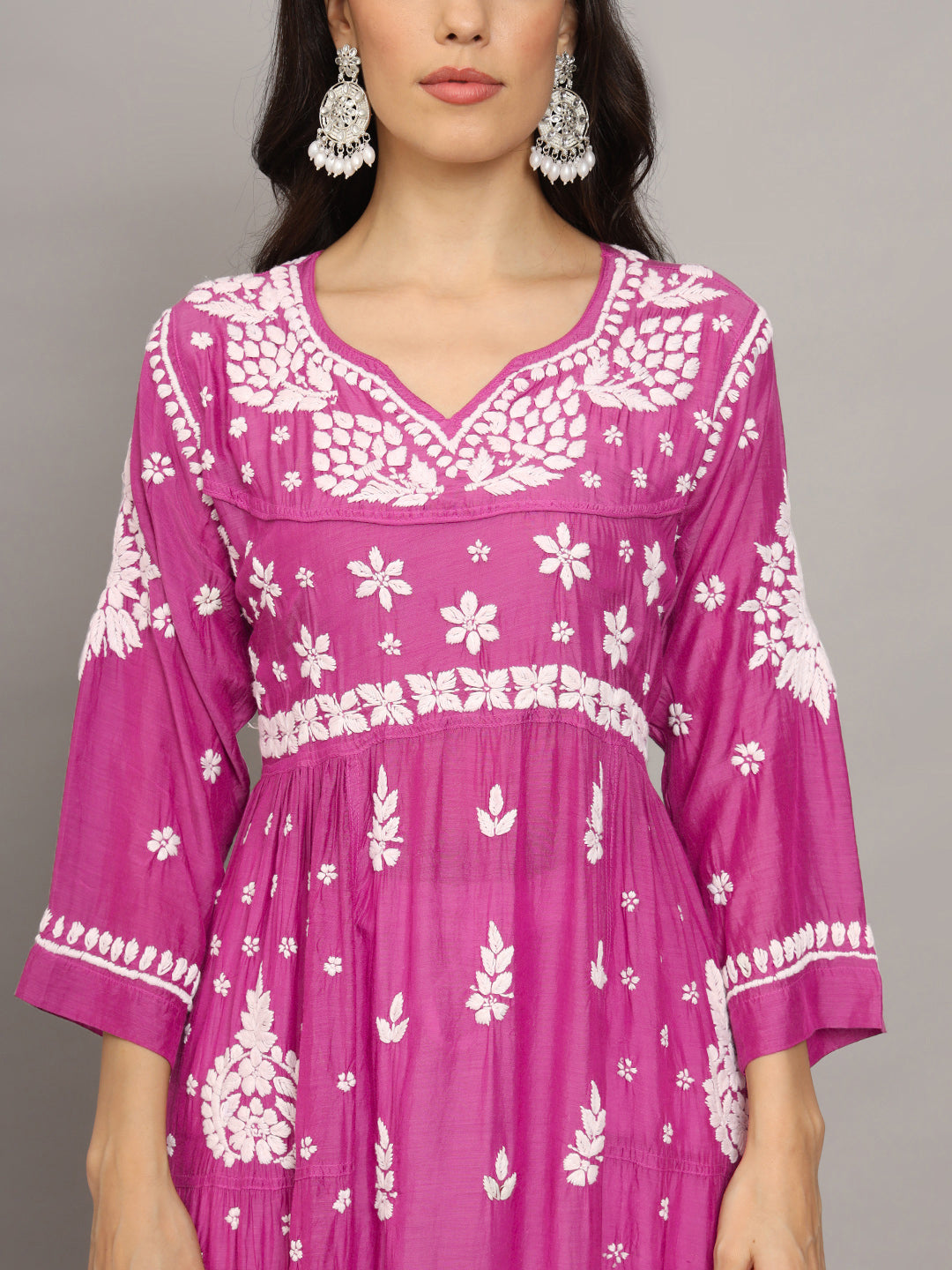 Women Hand Embroidered Chikankari Muslin Jalabiyas-AL4044 Pink