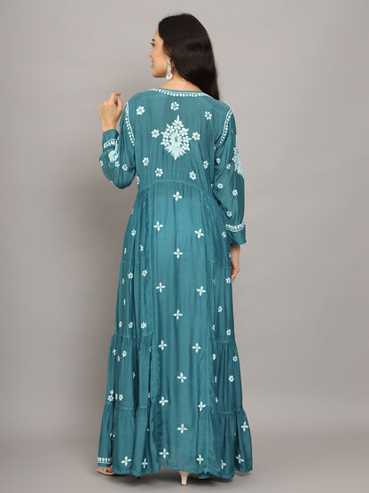 Women Hand Embroidered Chikankari Muslin Jalabiyas-AL4044 Green
