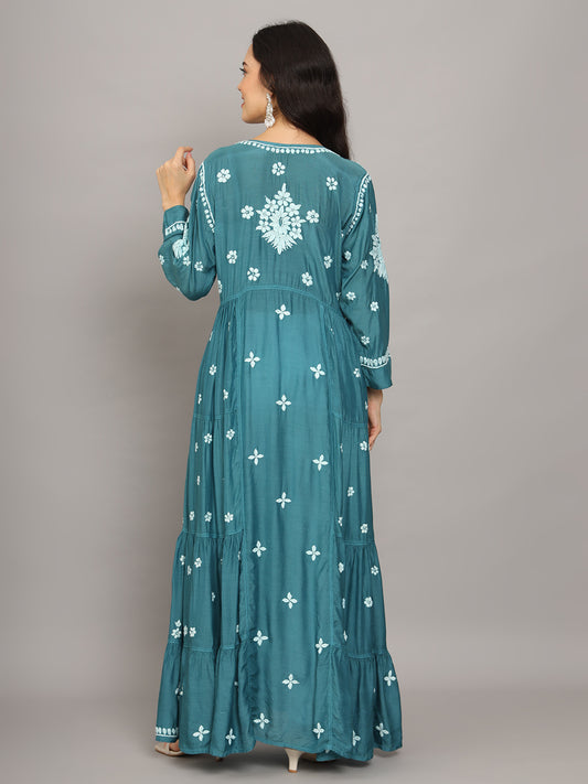 Women Hand Embroidered Chikankari Muslin Jalabiyas-AL4044 Green