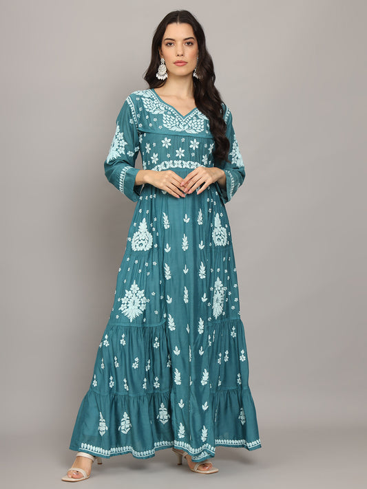 Women Hand Embroidered Chikankari Muslin Jalabiyas-AL4044 Green