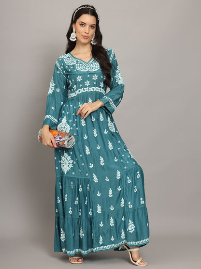 Women Hand Embroidered Chikankari Muslin Jalabiyas-AL4044 Green