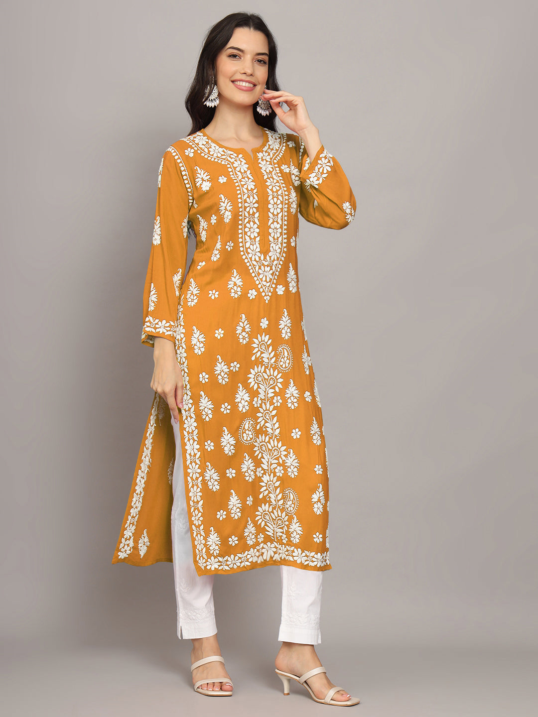 Women Chikankari Hand Embroidered Modal Kurta -AL4042 Mustard