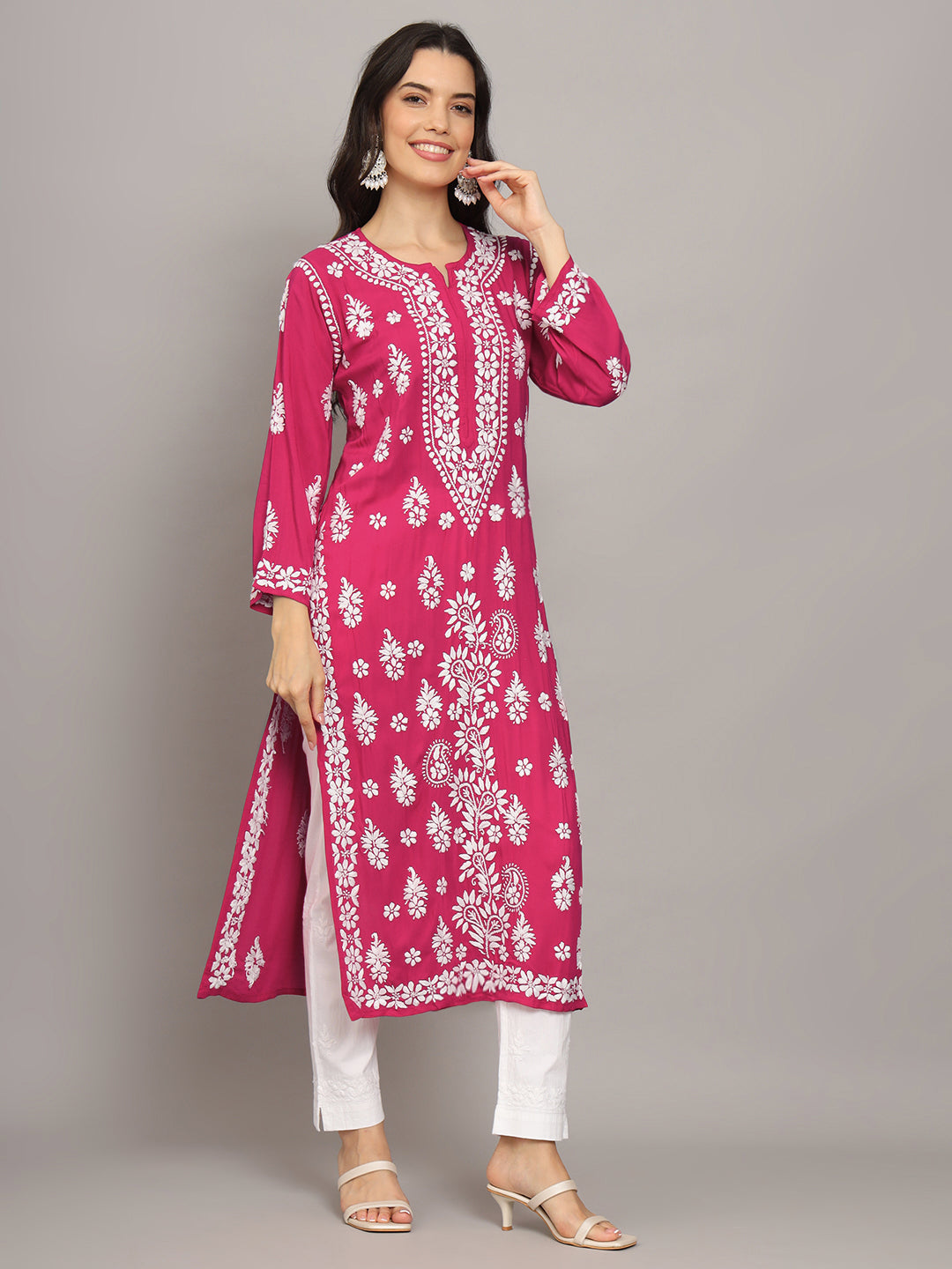 Women Chikankari Hand Embroidered Modal Kurta -AL4042 Magenta