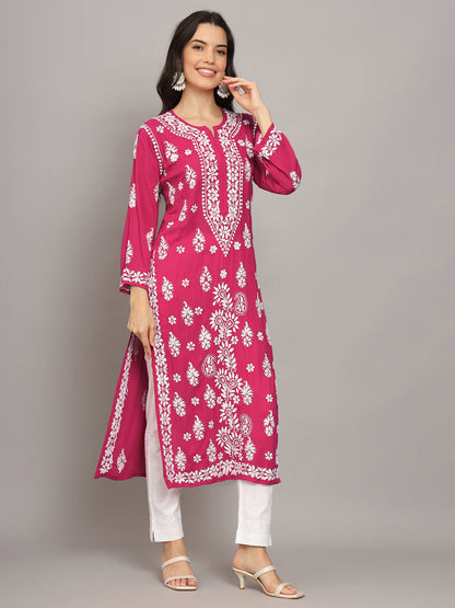 Women Chikankari Hand Embroidered Modal Kurta -AL4042 Magenta