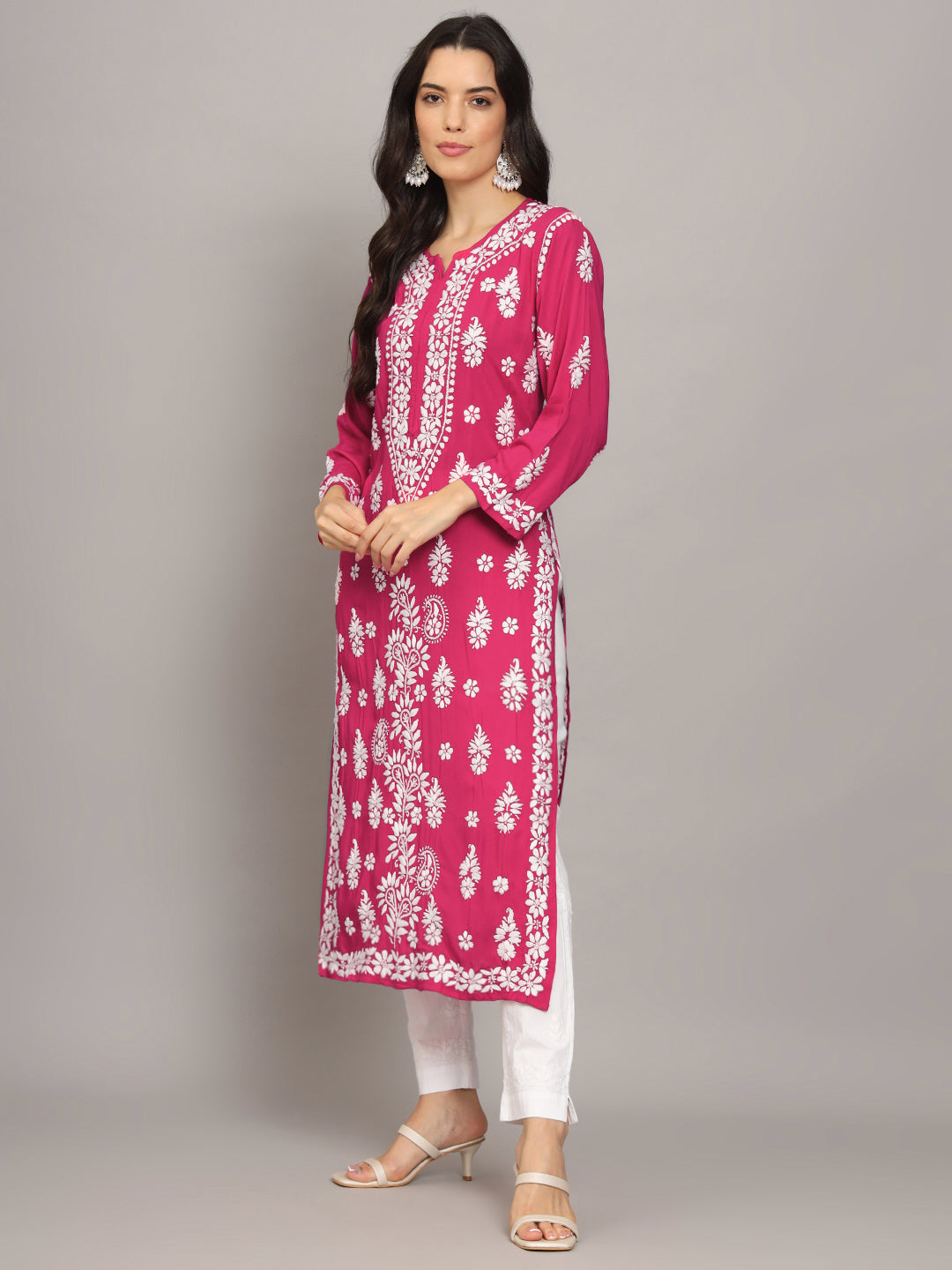 Women Chikankari Hand Embroidered Modal Kurta -AL4042 Magenta