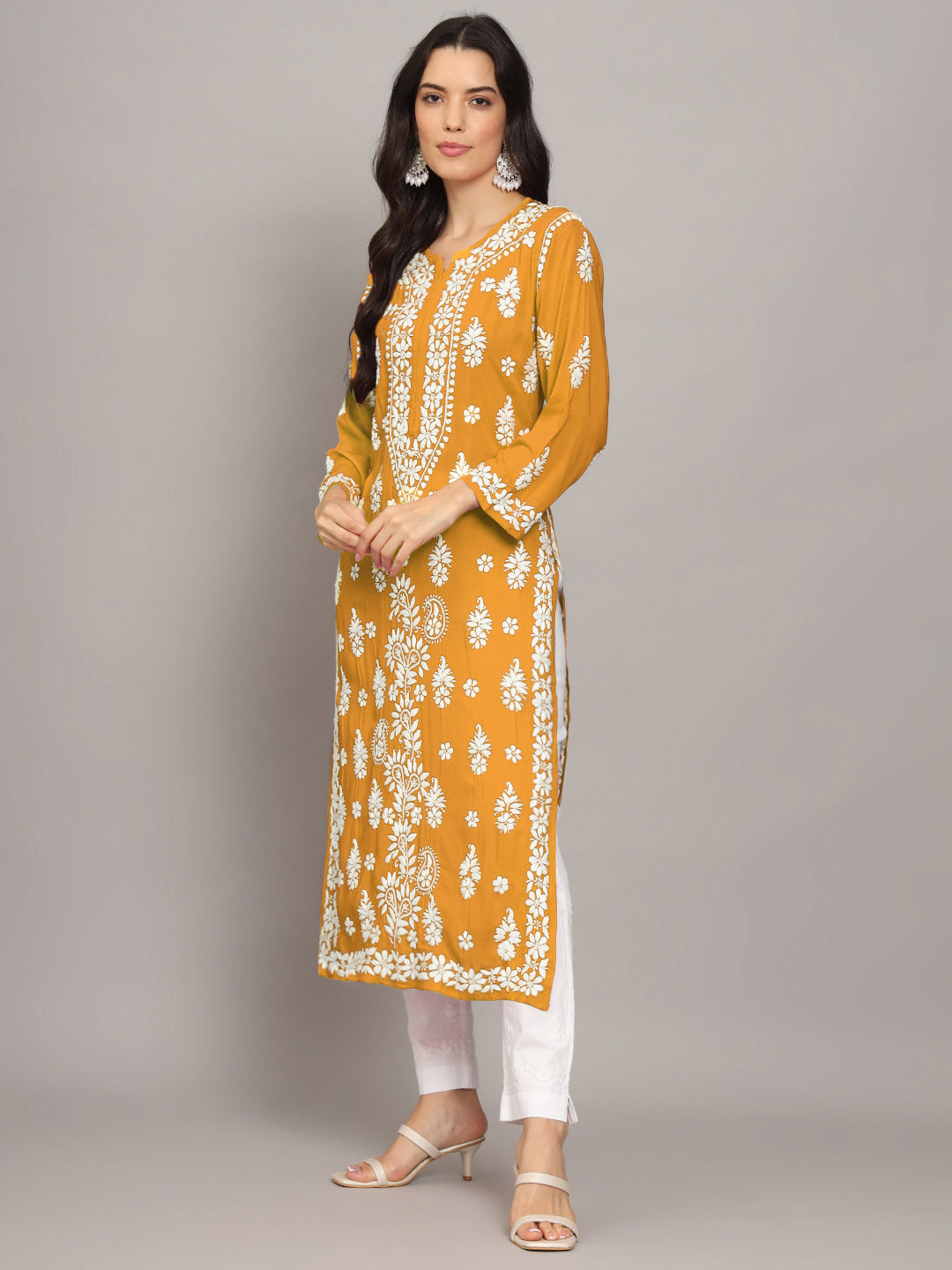 Women Chikankari Hand Embroidered Modal Kurta -AL4042 Mustard