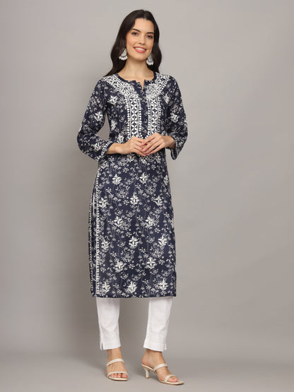 Women Hand Embroidered Chikankari Mulmul Cotton Printed Kurta-AL4041 Navy